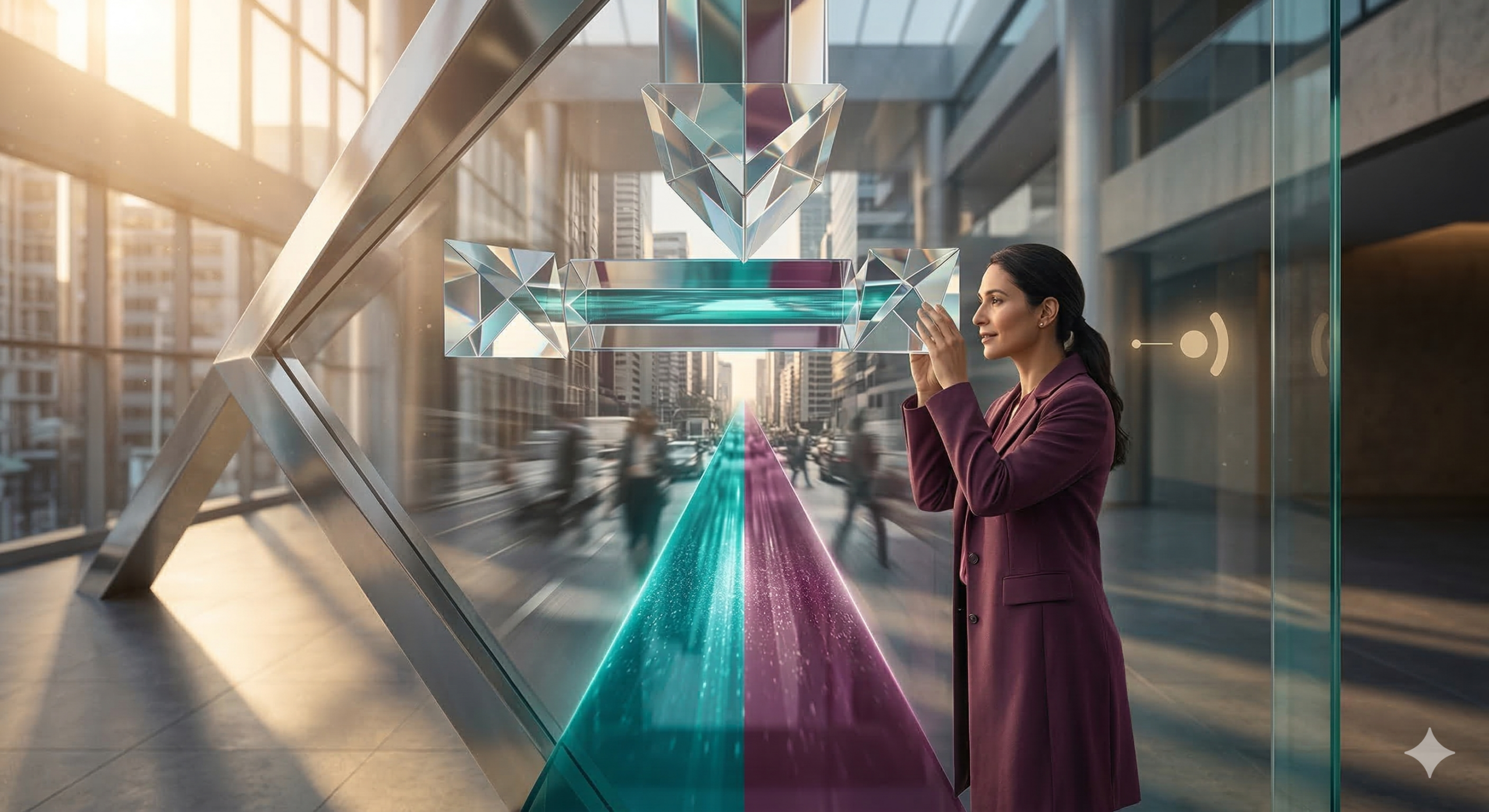 Professional woman holding a crystal prism refracting career paths into clarity — online career coach concept