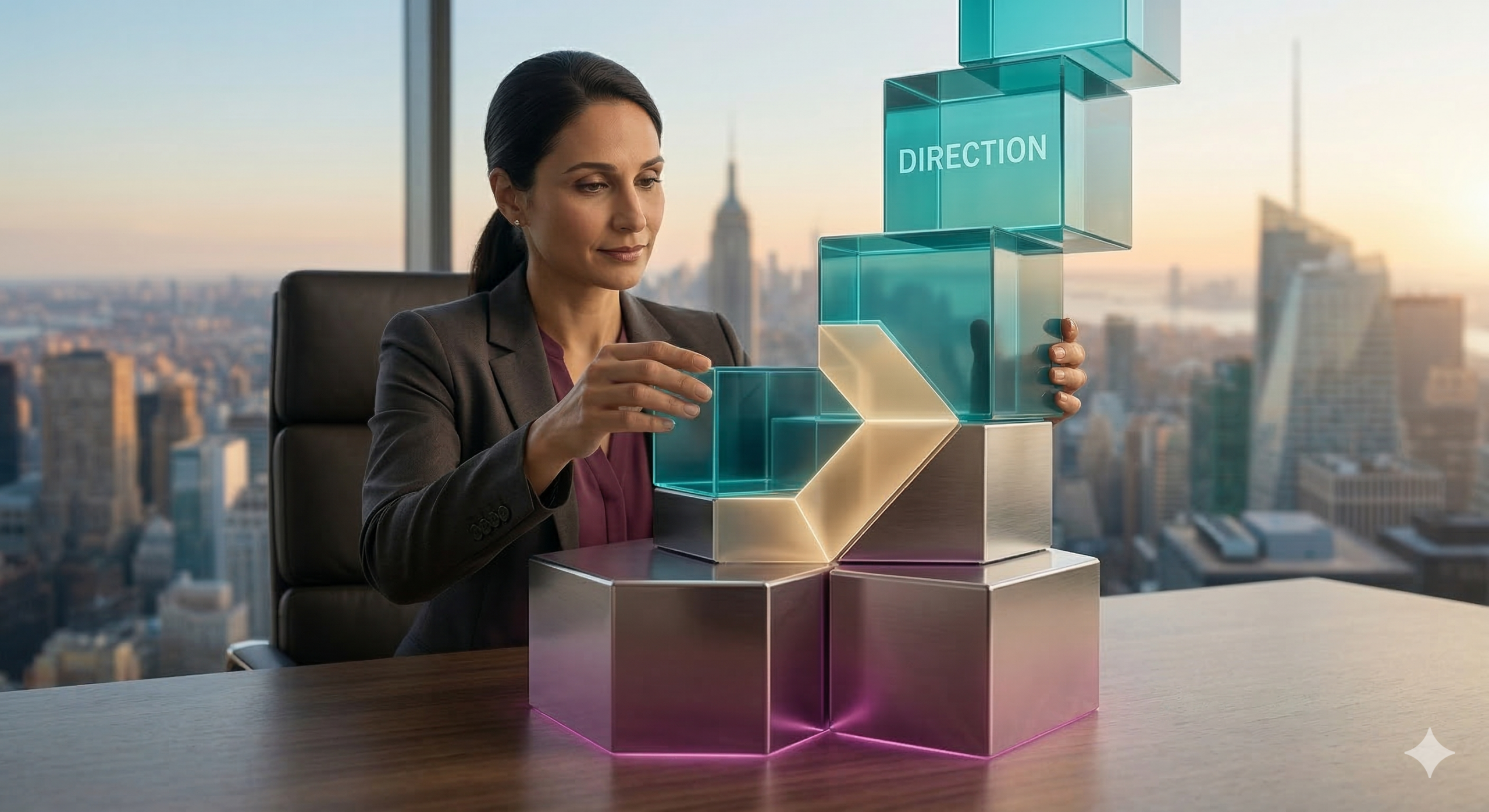Career coach building a personalised career plan with DIRECTION blocks against a global city skyline