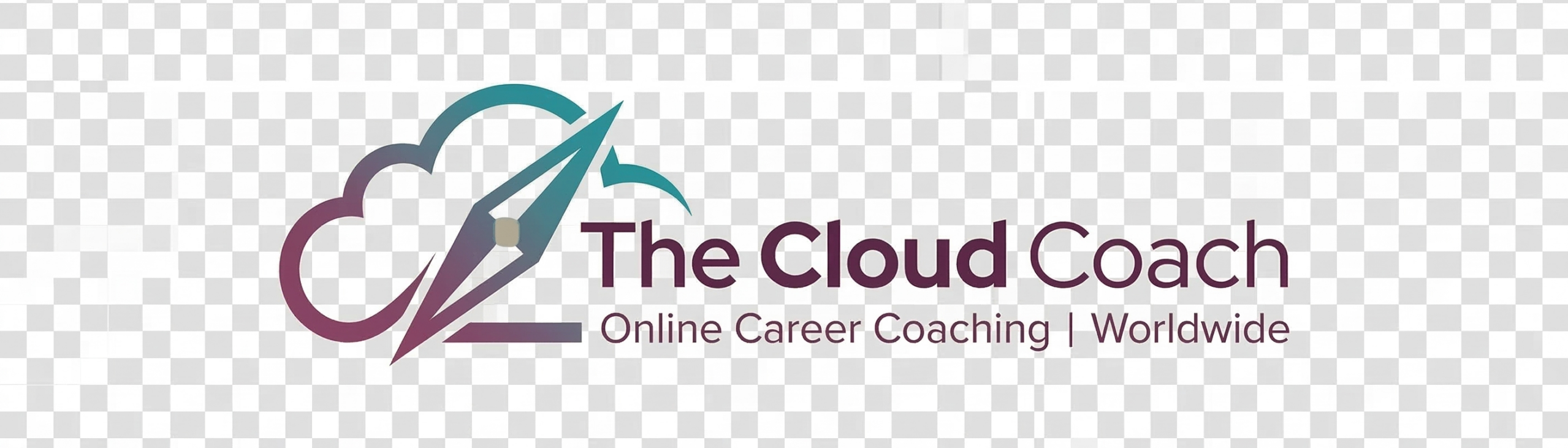 Logo for The Cloud Coach with a conceptual plum and teal compass and cloud symbol, representing professional direction and career clarity for professionals worldwide.
