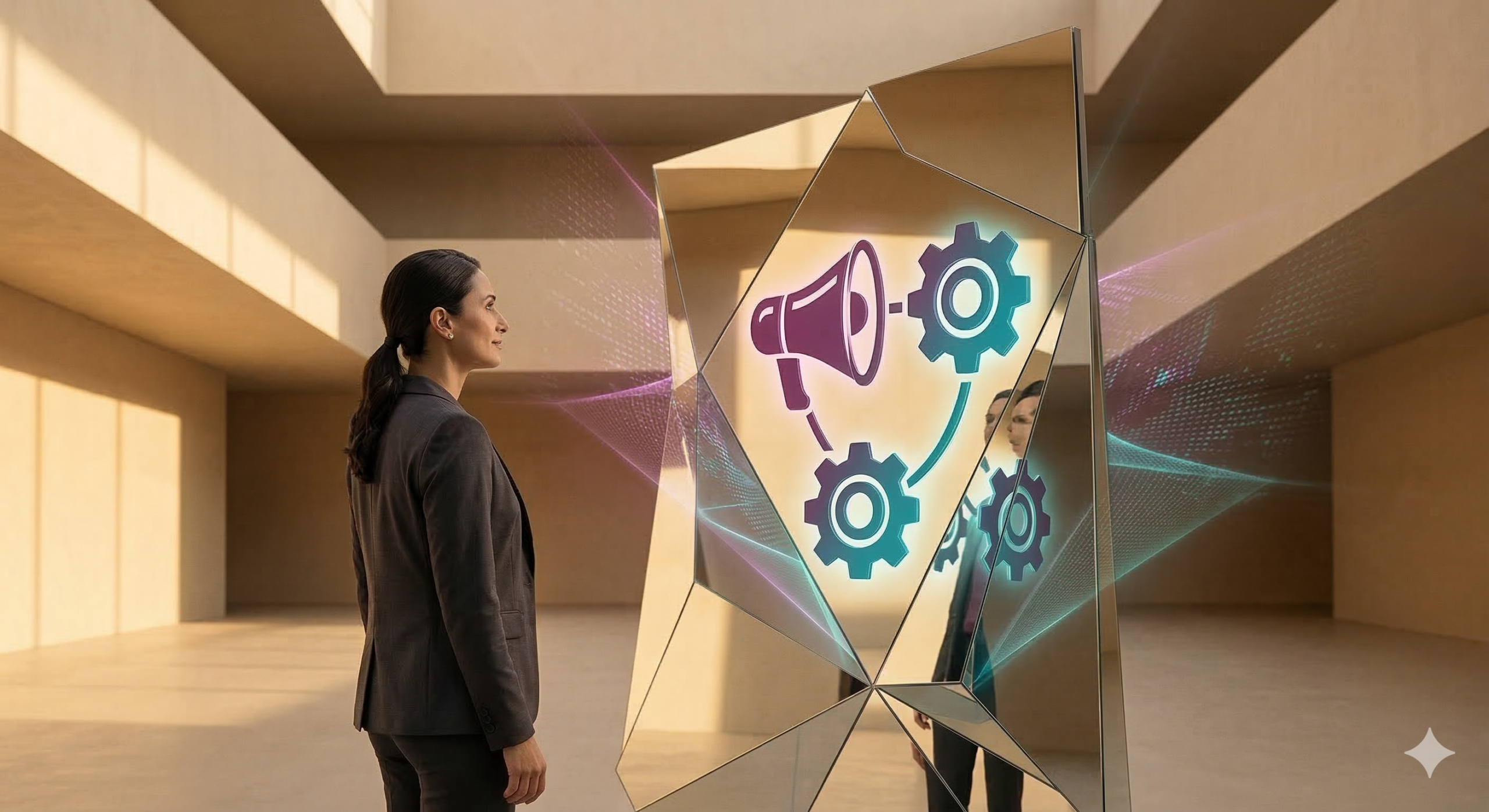 Professional woman facing a geometric mirror revealing career strengths — career coaching self-awareness concept